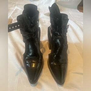 Free People Austyn Cutout 37.5 Black Patent Leather Pointed Toe Ankle Boots